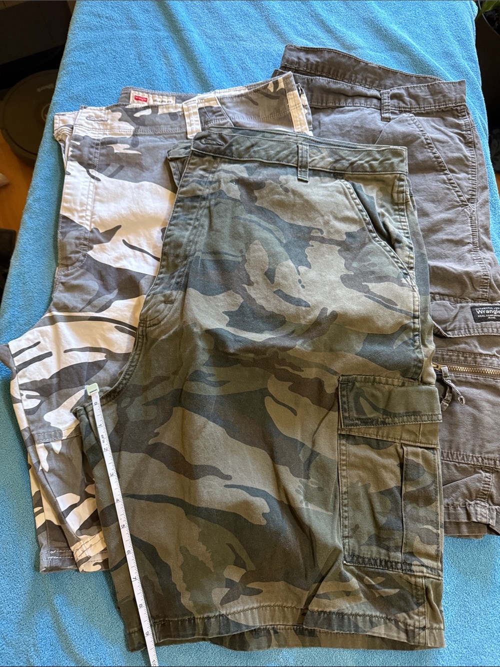 Wrangler cargo shorts in olive green and gray camo and solid gray3 pack
